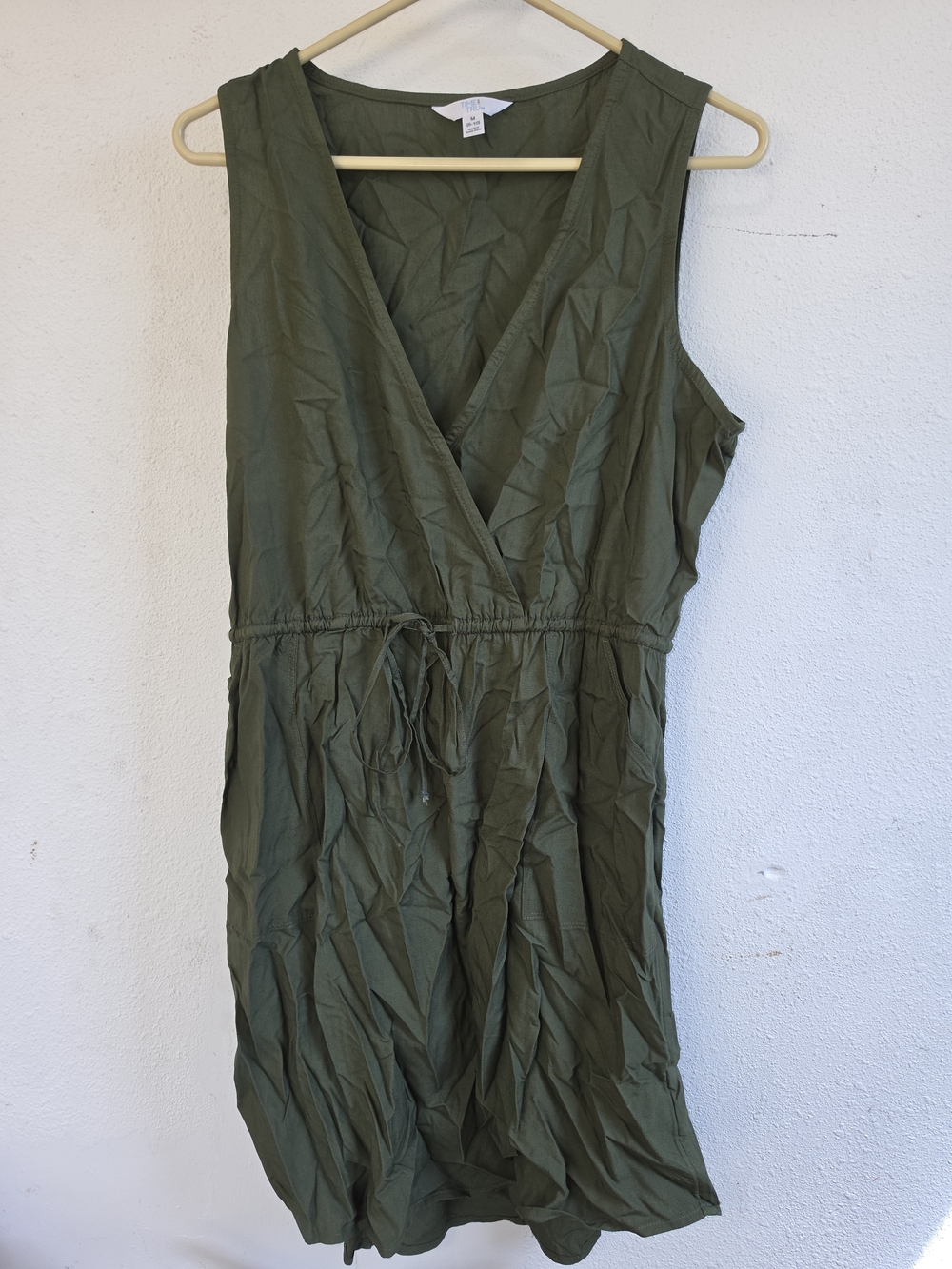 Time and Tru Olive Sleeveless V-Neck Drawstring Waist Dress